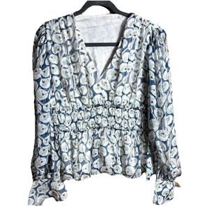 Rebecca Taylor 100% Silk Blue Cream Blouse Ruffled V Neck Romantic Fairy Boho